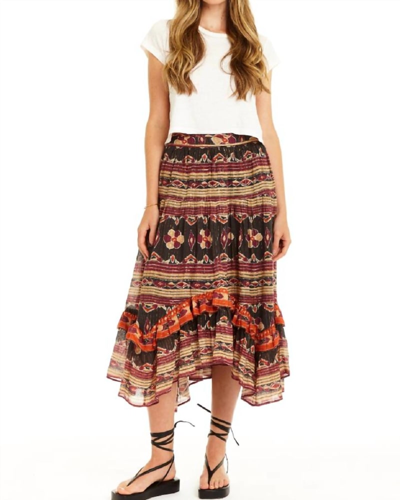 Front of a model wearing a size L Mia Midi Skirt in Veronique Black in Veronique Black by LOVE THE LABEL. | dia_product_style_image_id:343393